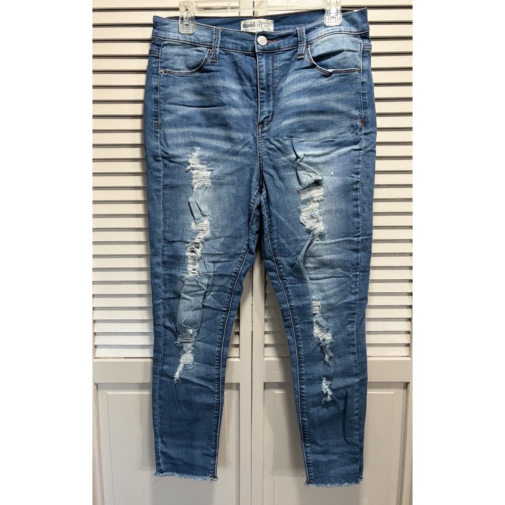 Mudd FLX Stretch Skinny Denim Jegging Med Wash Distressed Logo Size 13 High Rise